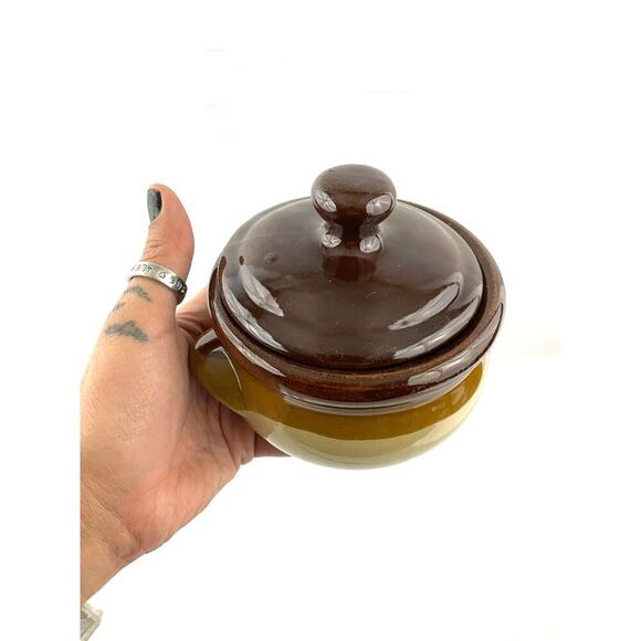 VTG Stoneware Pottery Bean Pot Double Handled Brown 3 Tones Small - Picture 10 of 12